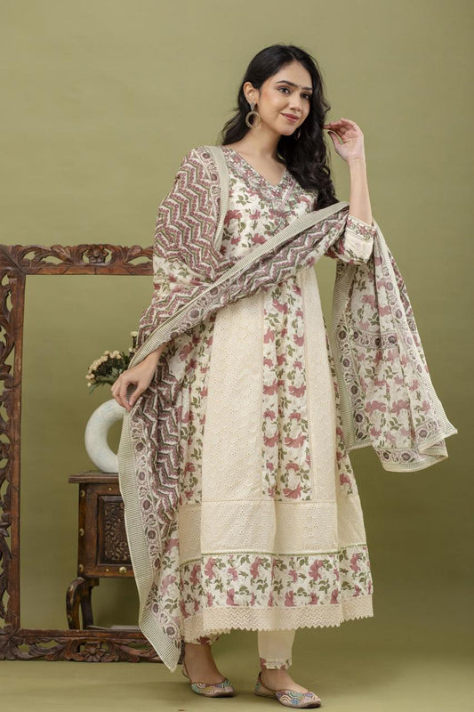 Cream Cotton Kurta Set with Pink Floral Print & Embroidered Dupatta (3-Piece) - Naticraft