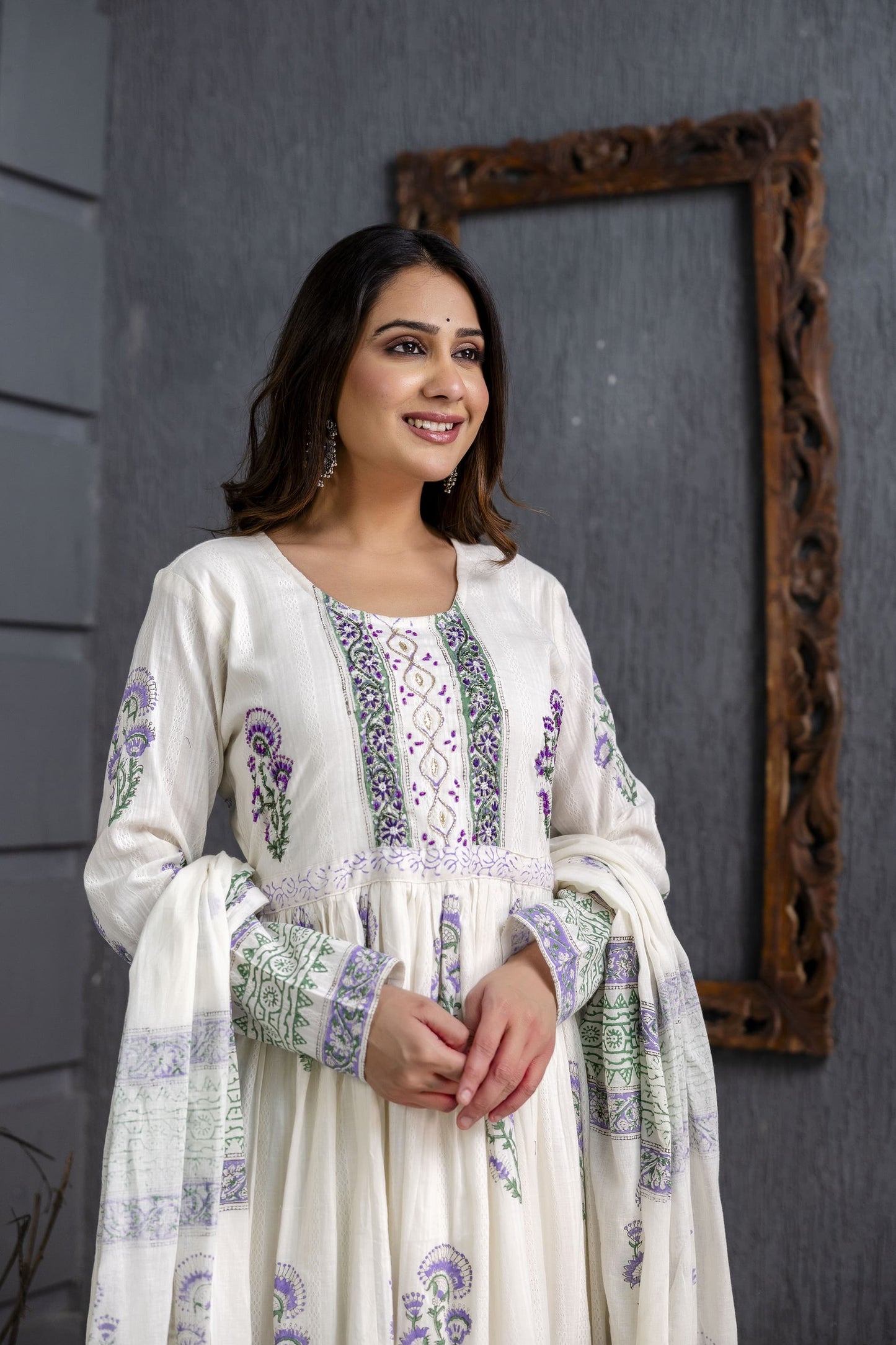 Elegant White Anarkali Suit Set with Dupatta | Handblock Floral Print | Ethnic Wear for Women - Naticraft