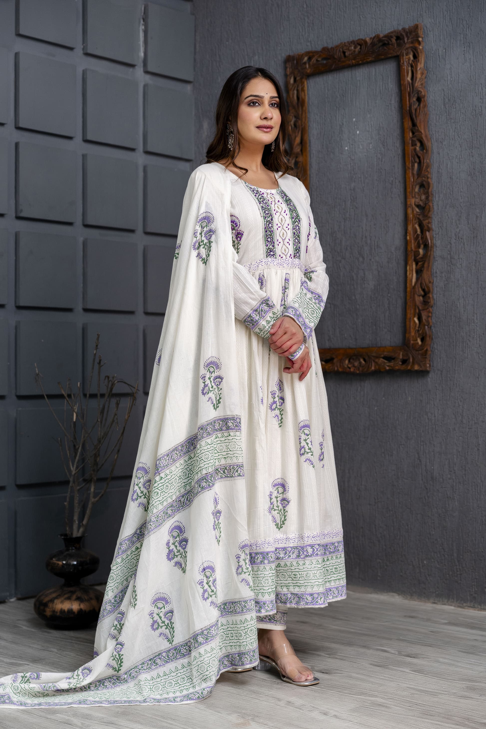 Elegant White Anarkali Suit Set with Dupatta | Handblock Floral Print | Ethnic Wear for Women - Naticraft