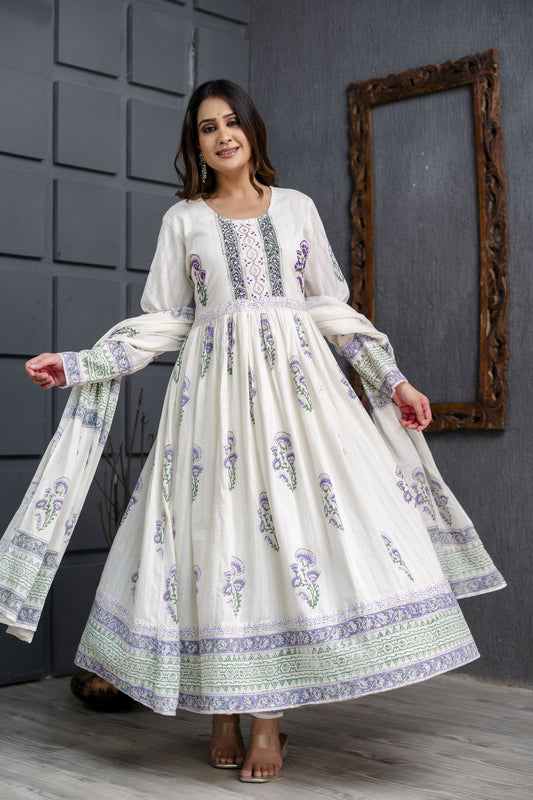 Elegant White Anarkali Suit Set with Dupatta | Handblock Floral Print | Ethnic Wear for Women - Naticraft