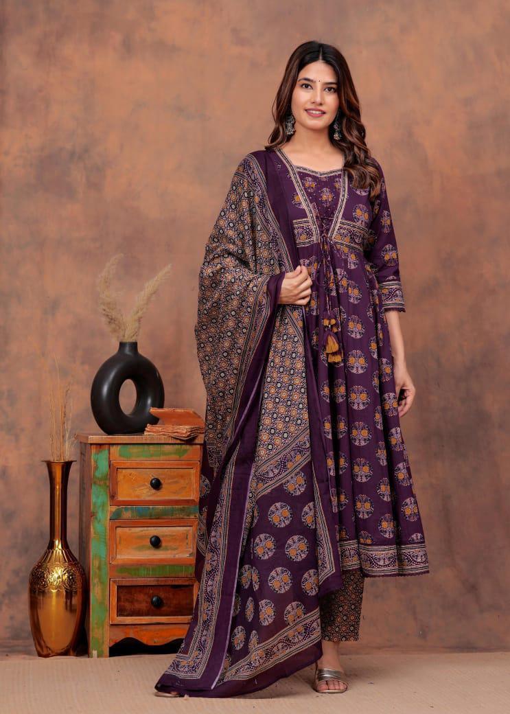 Traditional Flared Kurta Set with Printed Dupatta – Royal Charm Collection - Naticraft