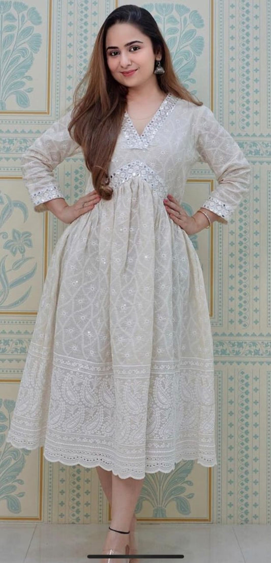 Off-White Cotton Chikankari Frock Dress with Foil Mirror Work