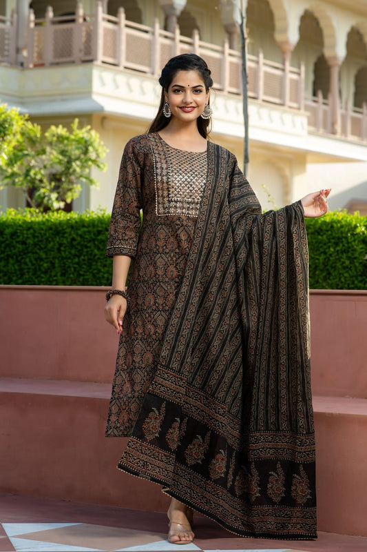 Classy Ajrakh Cotton Kurta Set with Zari Embroidery & Gotta Detailing - Naticraft