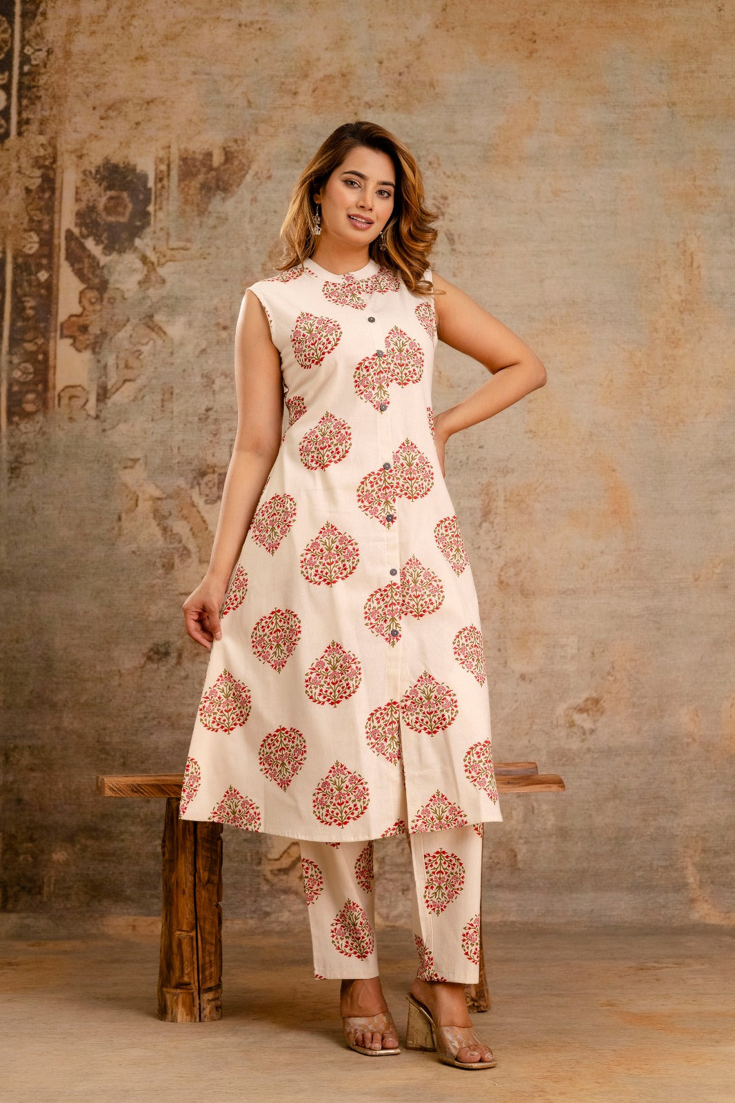 Blooming Beauty Sleeveless A-Line Coord Set with Printed Pants - Naticraft