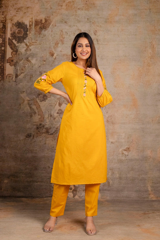 Floral Embroidered 2-Piece Co-ord Set – Olive Green and Mustard Yellow - Naticraft