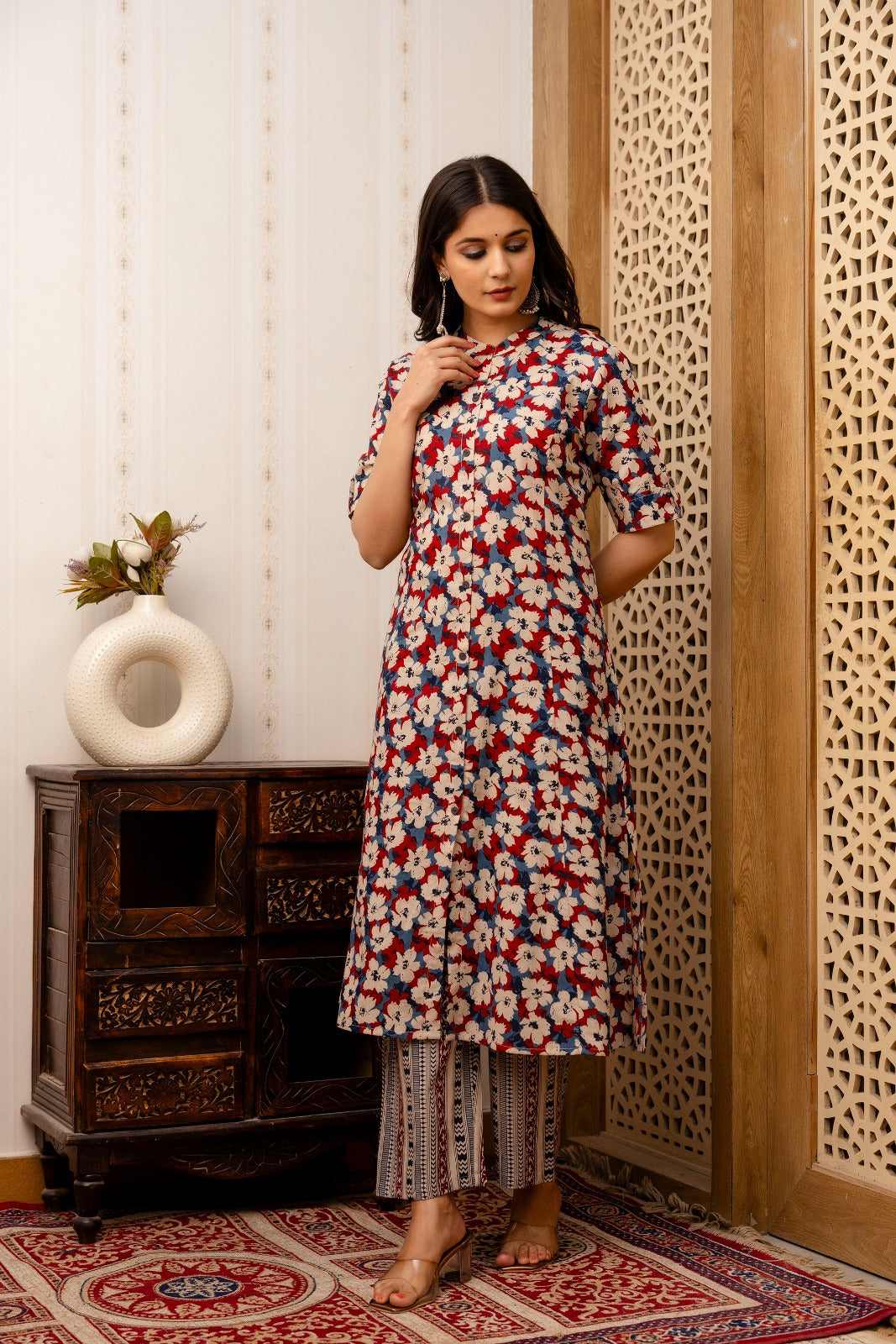Multicolor Floral Print Cotton Straight Kurta with Pant - Naticraft