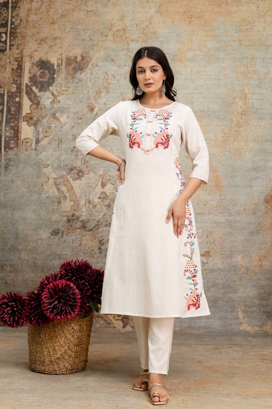 Ivory Flex Cotton Embroidered Co-Ord Set with Multicolor Floral Motifs - Naticraft