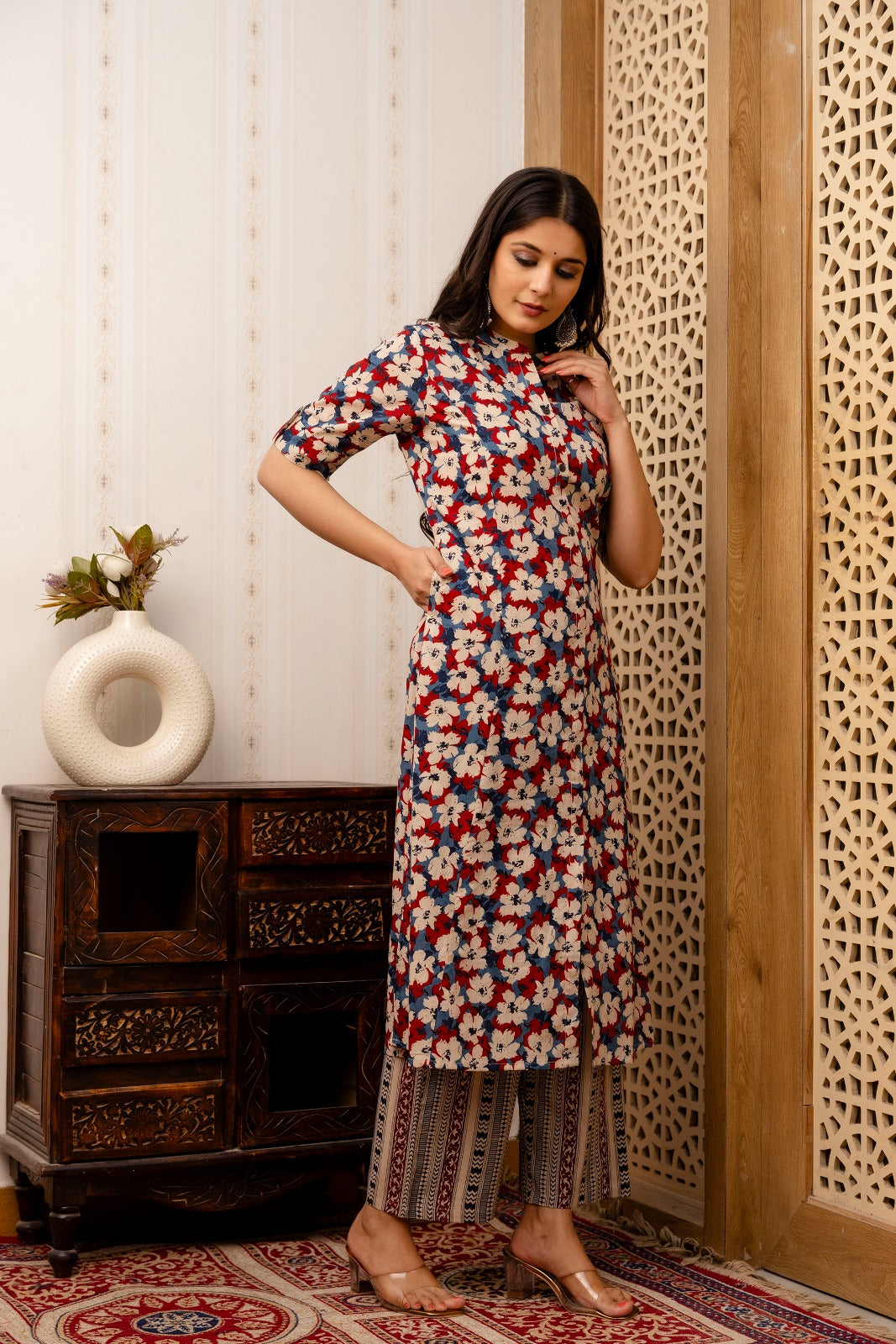 Multicolor Floral Print Cotton Straight Kurta with Pant - Naticraft