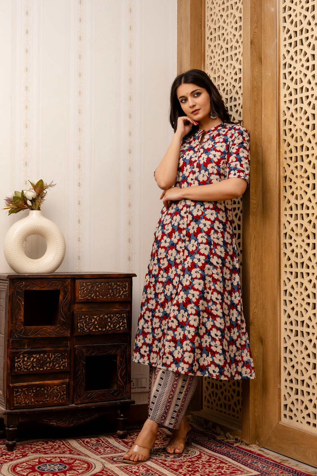 Multicolor Floral Print Cotton Straight Kurta with Pant - Naticraft