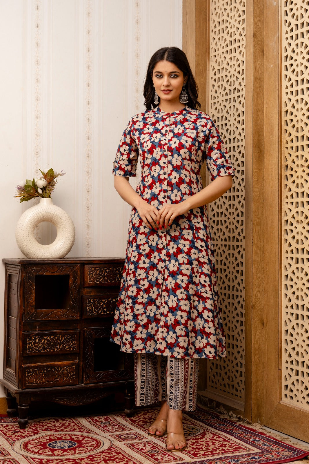 Multicolor Floral Print Cotton Straight Kurta with Pant - Naticraft