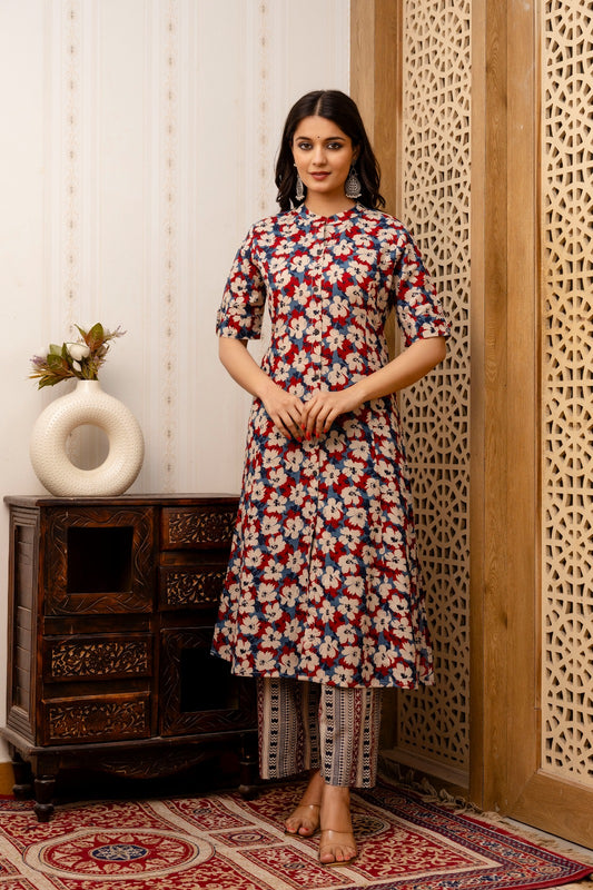Multicolor Floral Print Cotton Straight Kurta with Pant - Naticraft