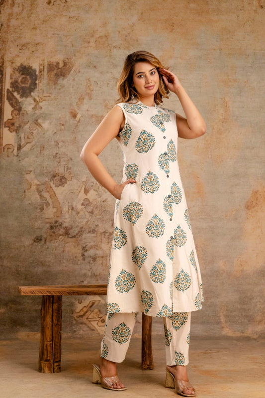 Blooming Beauty Sleeveless A-Line Coord Set with Printed Pants - Naticraft