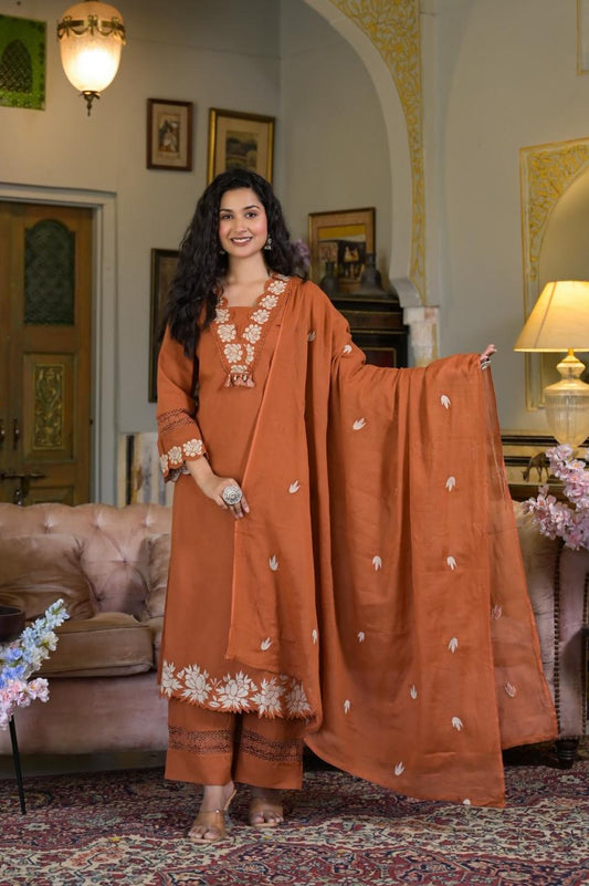 Terracotta Bloom 3-Piece Embroidered Cotton Kurta Set with Dupatta & Pants - Naticraft