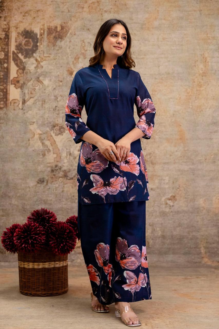 Floral Glow Gradient Cotton Co-ord Set – Maroon & Navy | Kurta with Palazzo - Naticraft