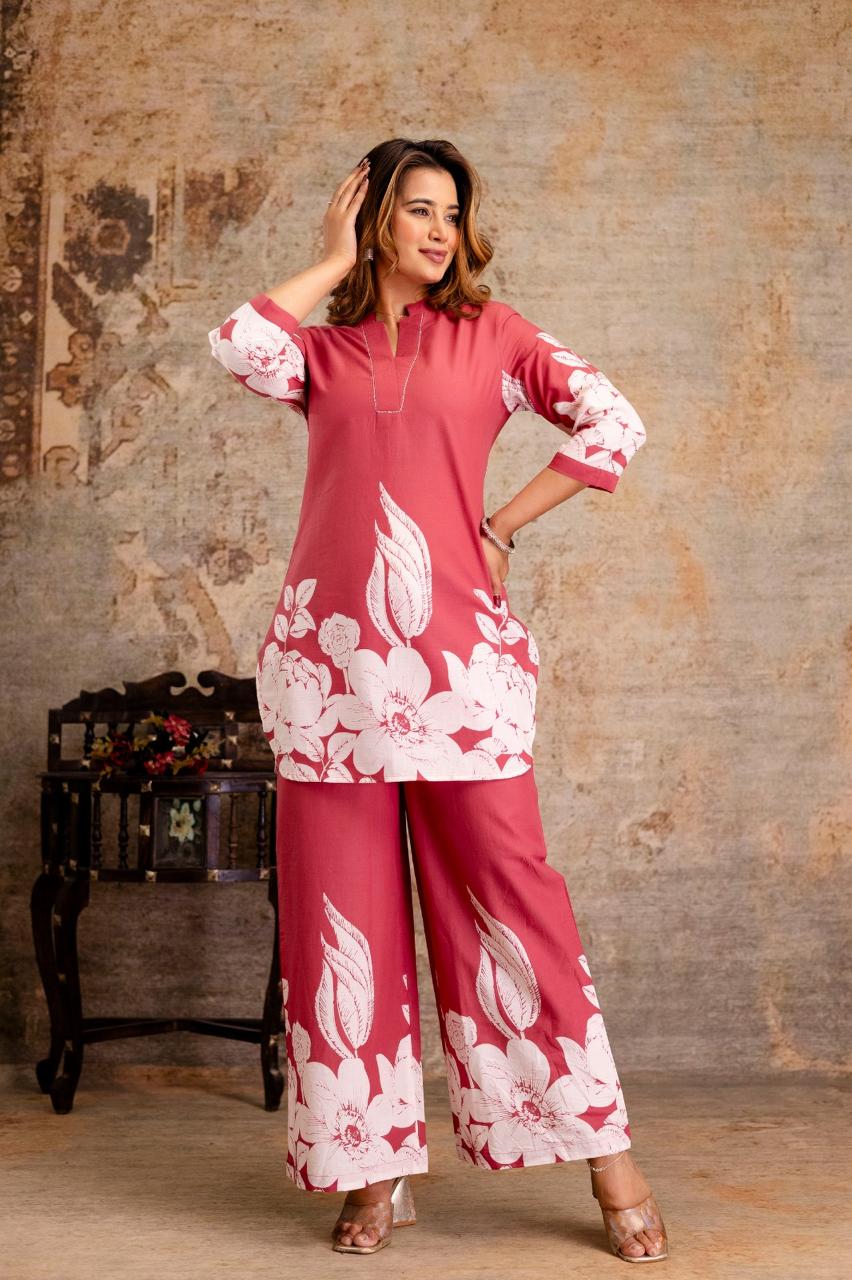 Botanical Bloom Cotton Co-ord Set – Pink & Green - Naticraft