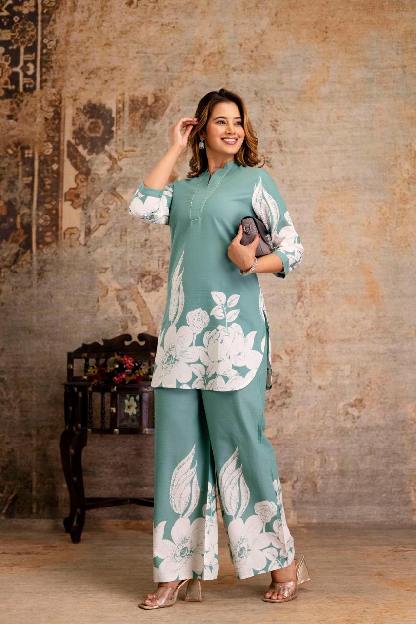 Botanical Bloom Cotton Co-ord Set – Pink & Green - Naticraft