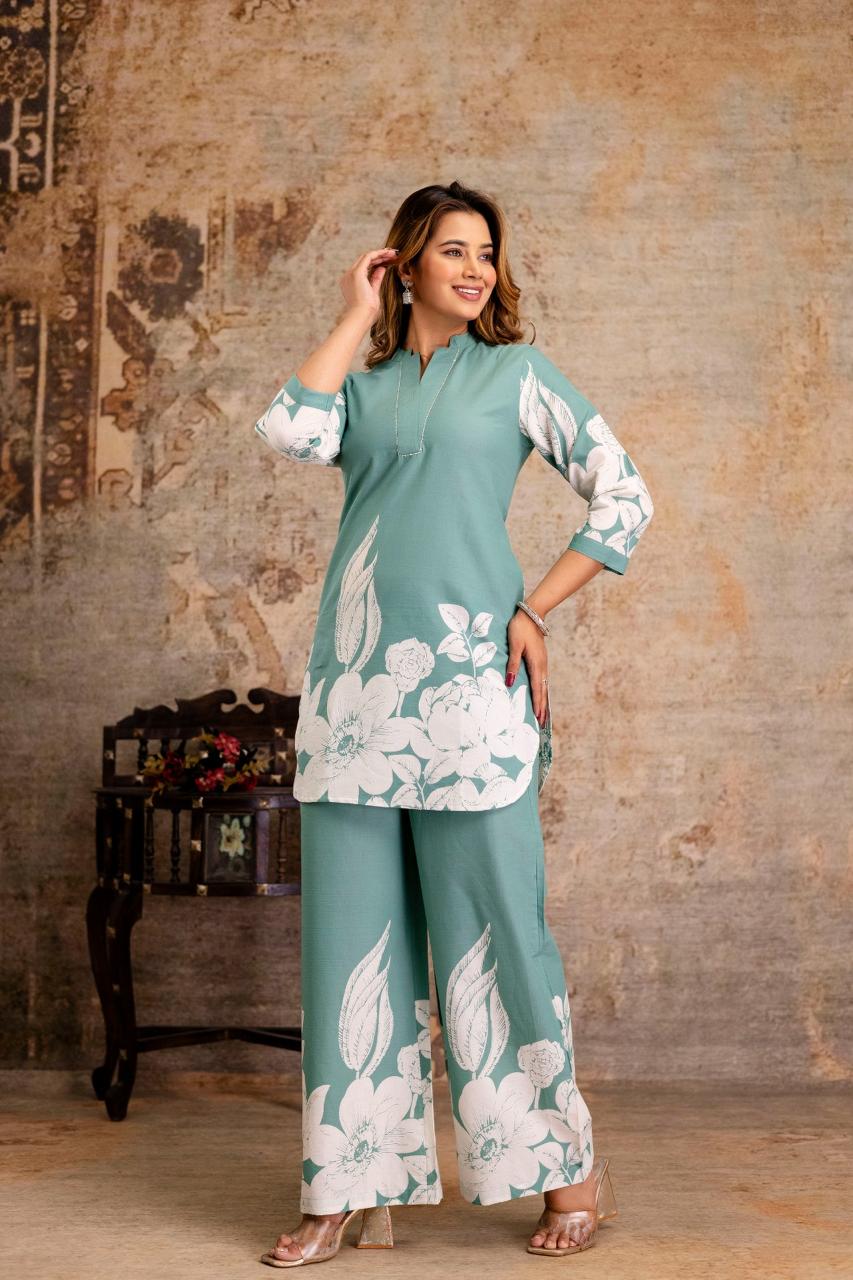 Botanical Bloom Cotton Co-ord Set – Pink & Green - Naticraft