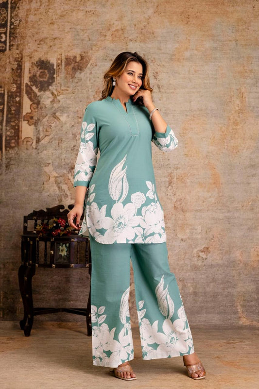 Botanical Bloom Cotton Co-ord Set – Pink & Green - Naticraft