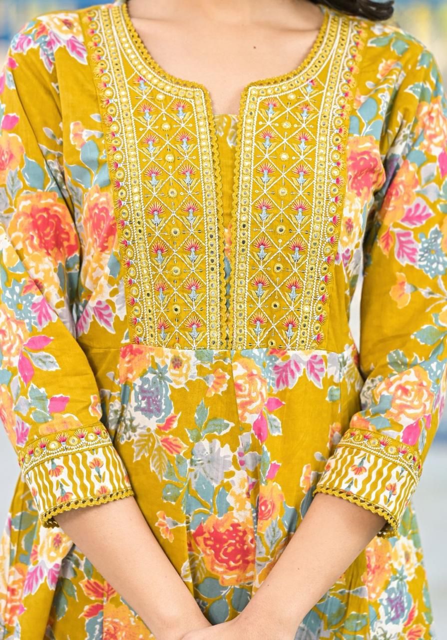 Women’s Floral Print Cotton Anarkali Kurta Set with Dupatta - Naticraft