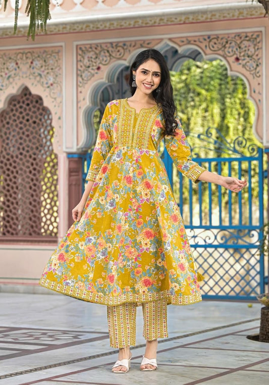 Women’s Floral Print Cotton Anarkali Kurta Set with Dupatta - Naticraft