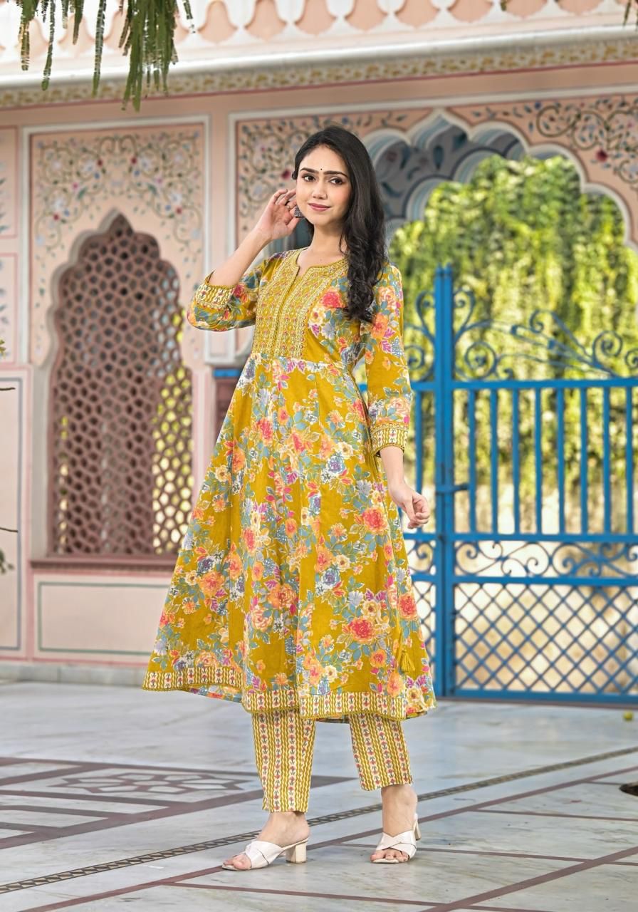 Women’s Floral Print Cotton Anarkali Kurta Set with Dupatta - Naticraft