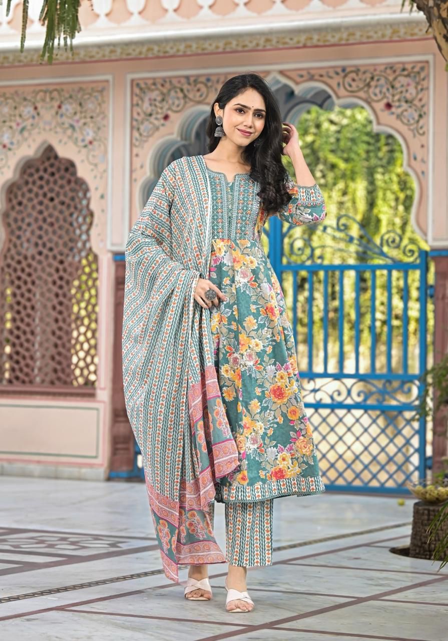 Women’s Floral Print Cotton Anarkali Kurta Set with Dupatta - Naticraft