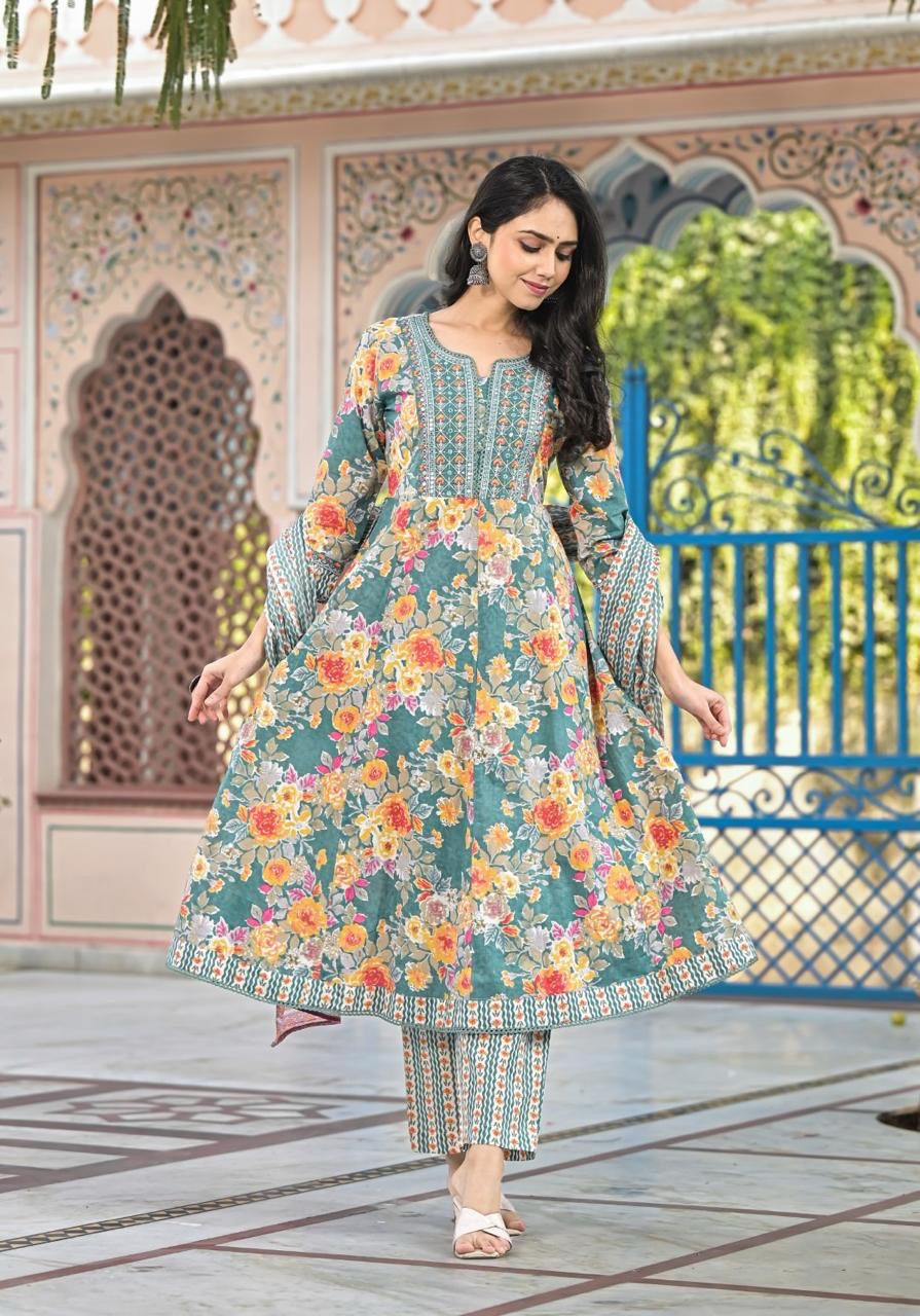Women’s Floral Print Cotton Anarkali Kurta Set with Dupatta - Naticraft