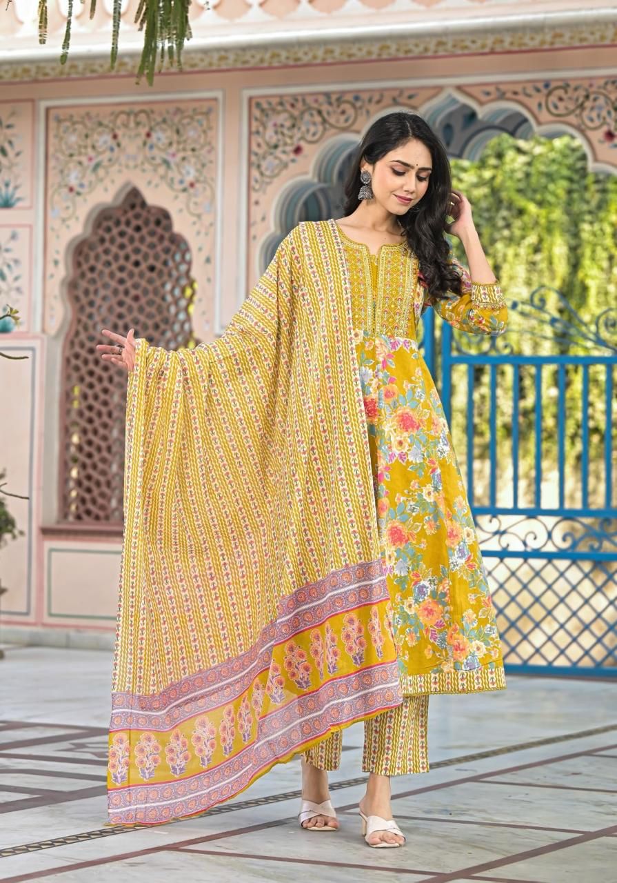 Women’s Floral Print Cotton Anarkali Kurta Set with Dupatta - Naticraft