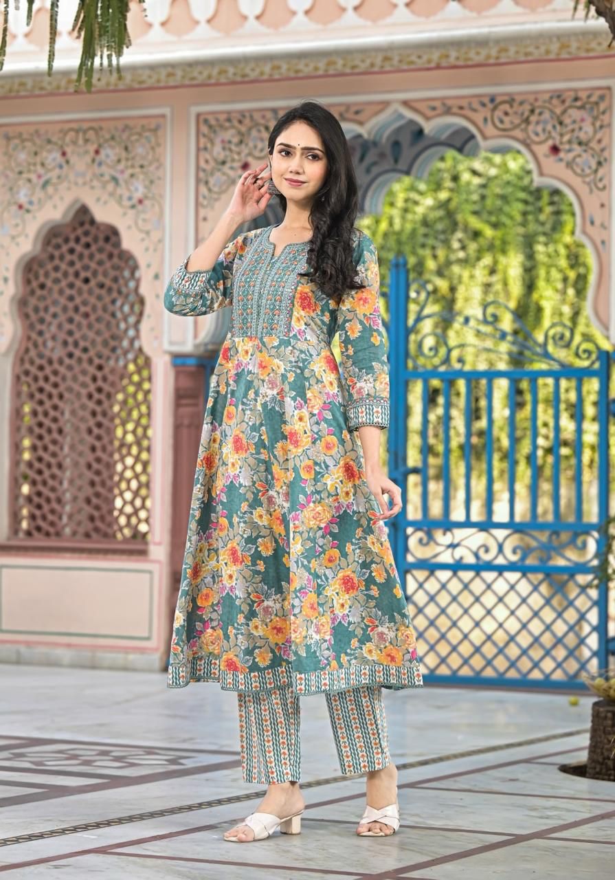 Women’s Floral Print Cotton Anarkali Kurta Set with Dupatta - Naticraft