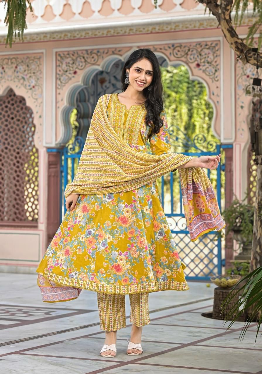 Women’s Floral Print Cotton Anarkali Kurta Set with Dupatta - Naticraft