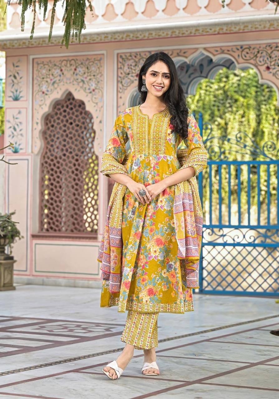Women’s Floral Print Cotton Anarkali Kurta Set with Dupatta - Naticraft