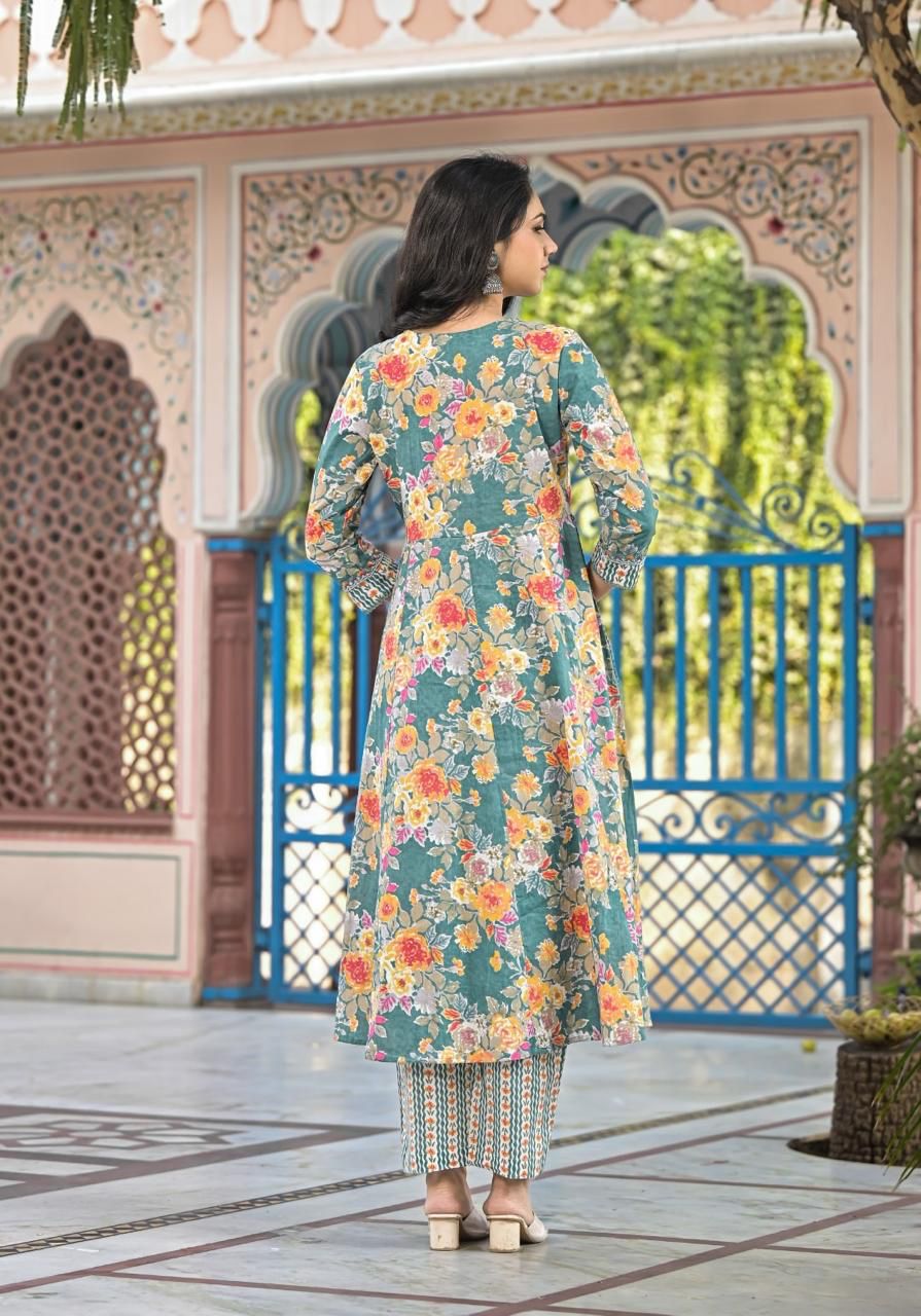 Women’s Floral Print Cotton Anarkali Kurta Set with Dupatta - Naticraft