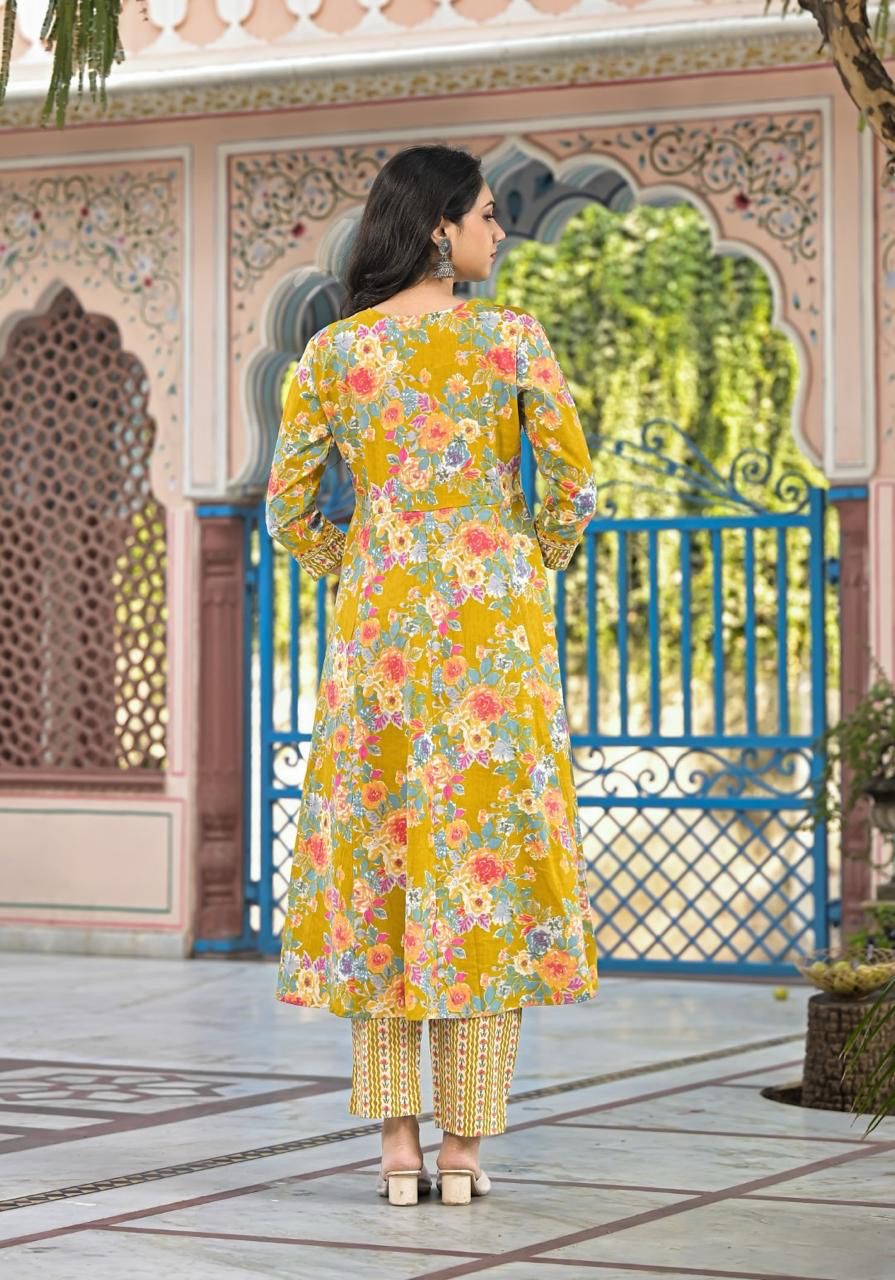 Women’s Floral Print Cotton Anarkali Kurta Set with Dupatta - Naticraft
