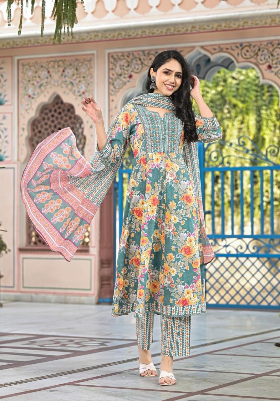 Women’s Floral Print Cotton Anarkali Kurta Set with Dupatta - Naticraft