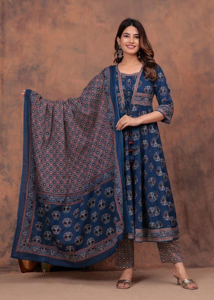 Traditional Flared Kurta Set with Printed Dupatta – Royal Charm Collection - Naticraft
