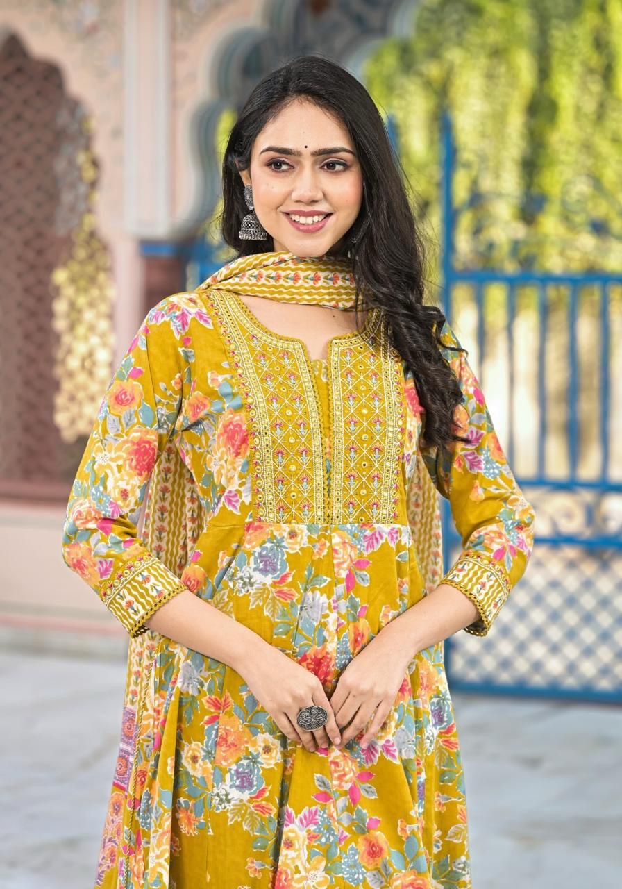 Women’s Floral Print Cotton Anarkali Kurta Set with Dupatta - Naticraft